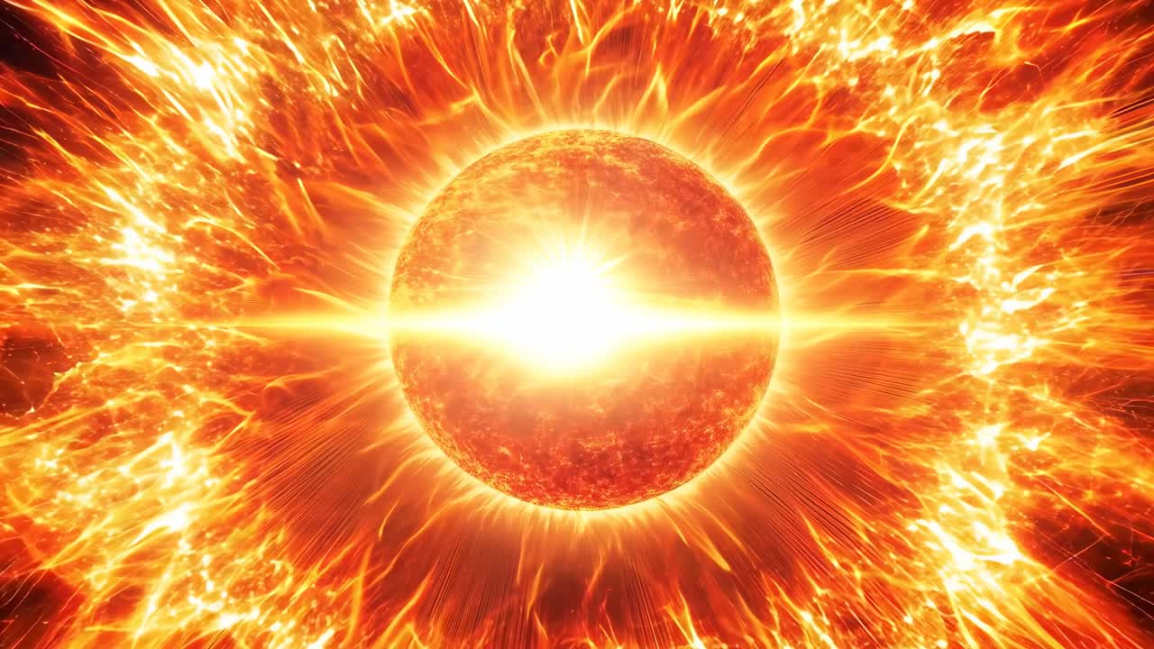 A fiery sun with intense flares captured in a centered, zoomed-in angle, resembling a cosmic