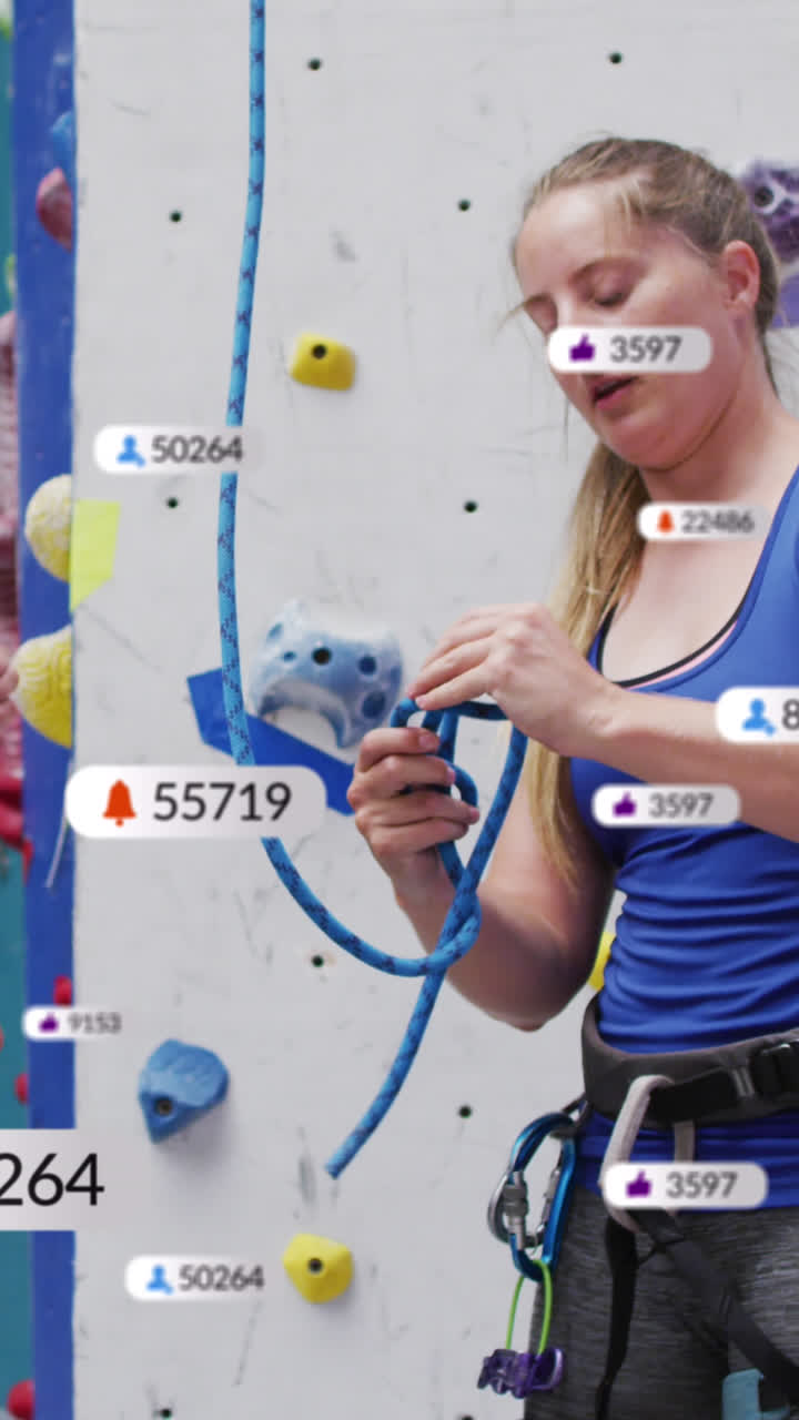 animación de iconos de los medios sobre dos mujeres caucásicas en la pared de escalada