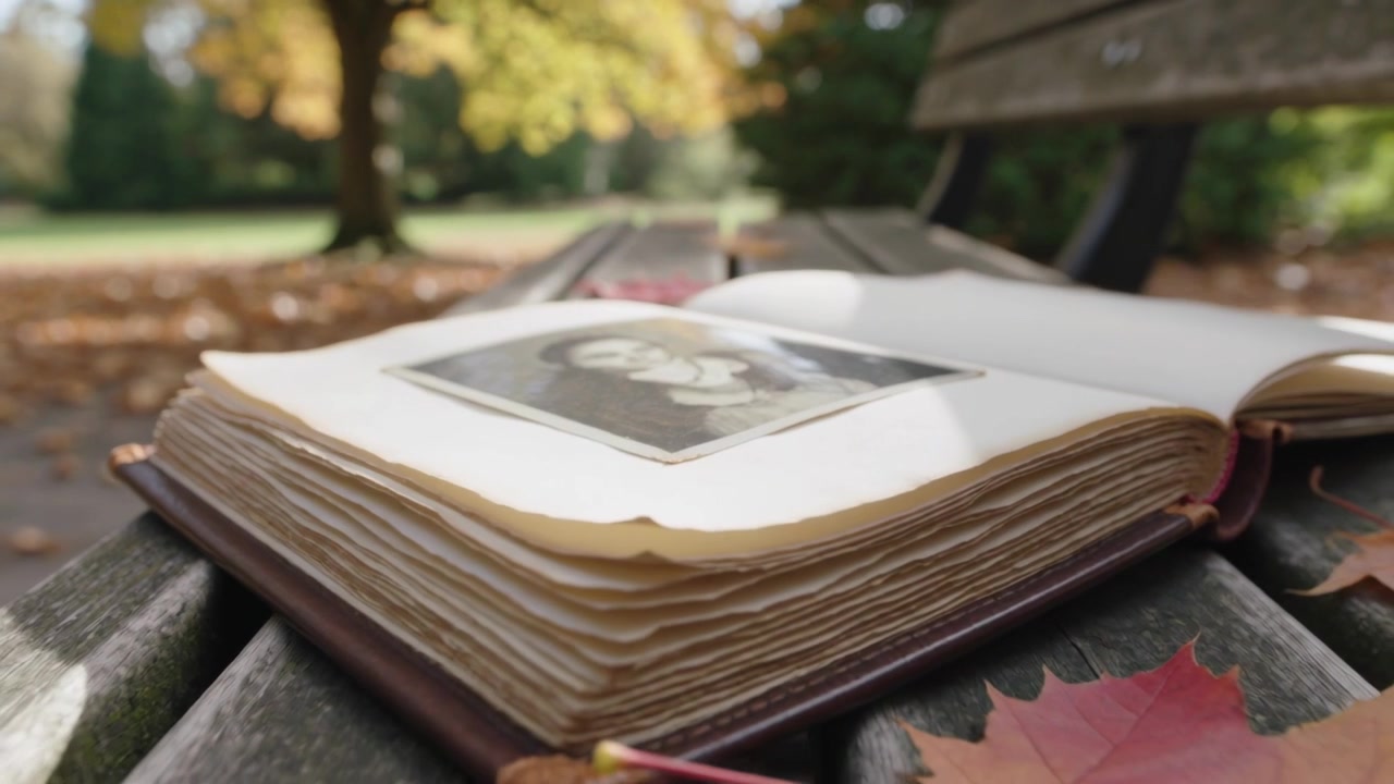 Turning leather-bound album page by gust of wind on wooden park bench, revealing portrait