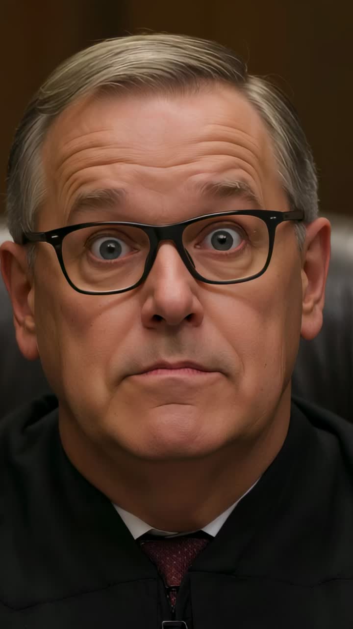 Vertical video: Framing judge blinking while listening at bench, in black robe dark tie glasses