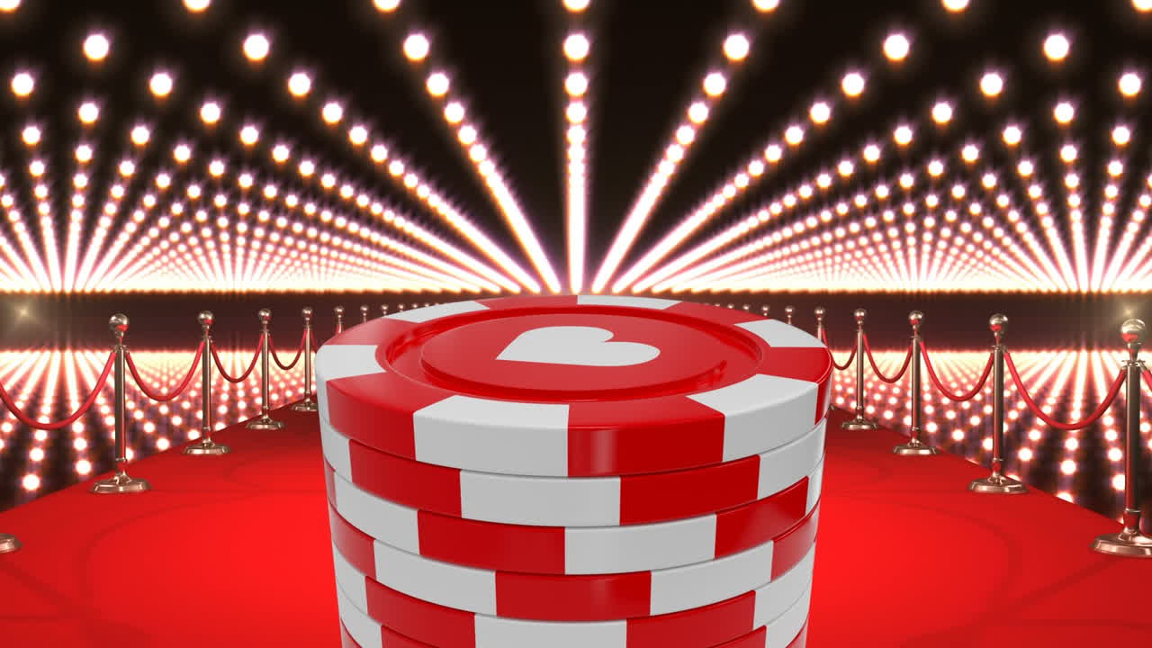Fiches da poker e tappeto rosso da casinò con luci lampeggianti.