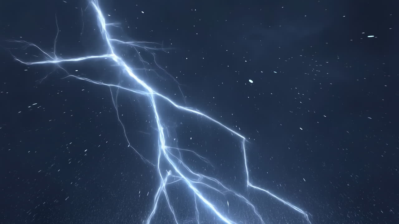 Tormenta cósmica oscura con rayos y partículas a la deriva, atmósfera azul fría llena de escombros.