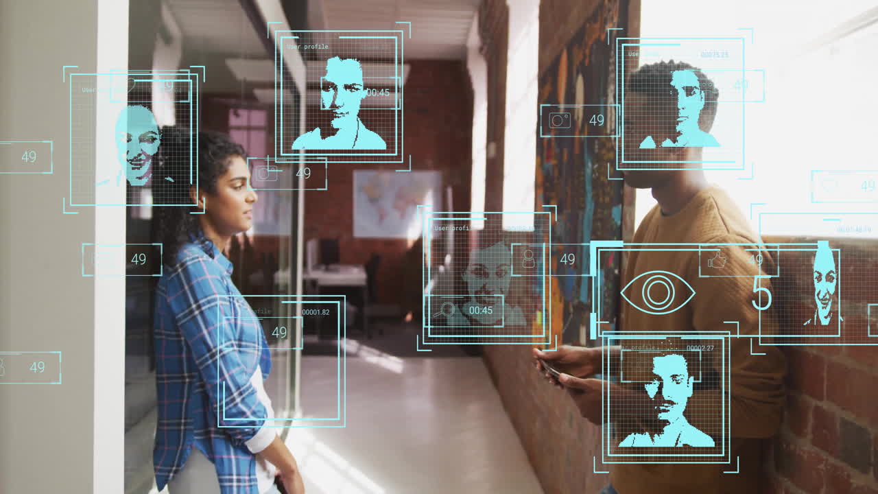 Animation of id profiles and processing data over diverse colleagues talking at casual office