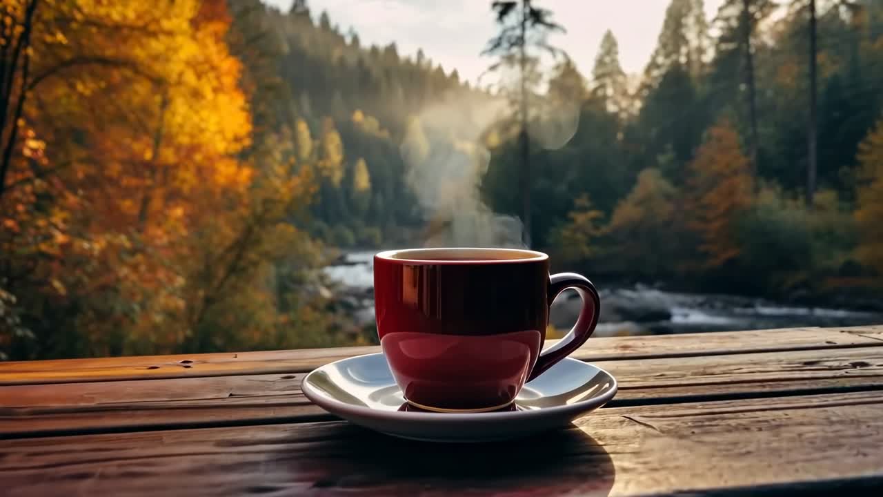 A steaming cup on a wooden table, set against a forest backdrop in autumn