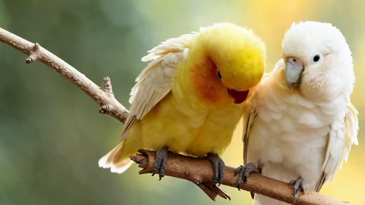 Close-up video angle of two colorful parrots perched on a branch, showcasing vibrant feathers