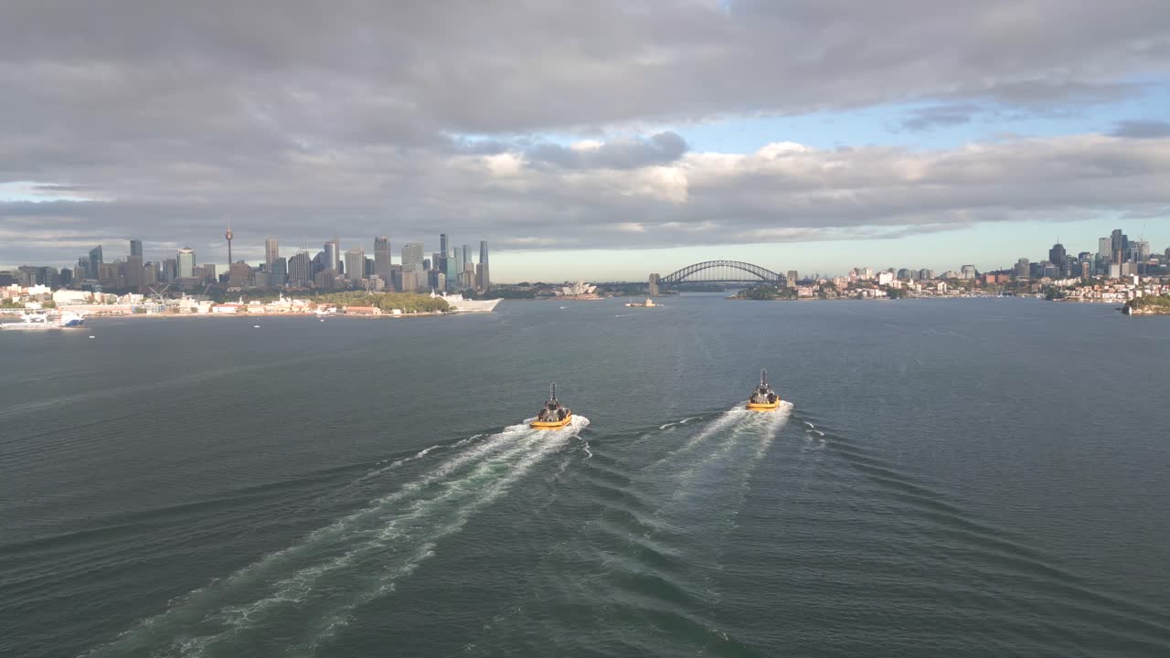배경 에 하버 브리지 와 오페라 하우스 가 있는 시드니 항구 를 가로지르는 두 대 의 물 택시