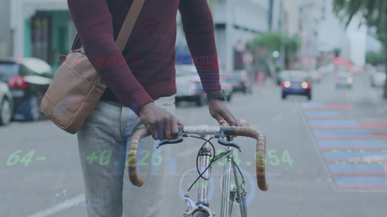 Animazione dell'elaborazione di dati statistici su un uomo afroamericano con bicicletta che cammina per strada.