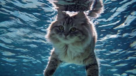 cat swimming underwater in a pool