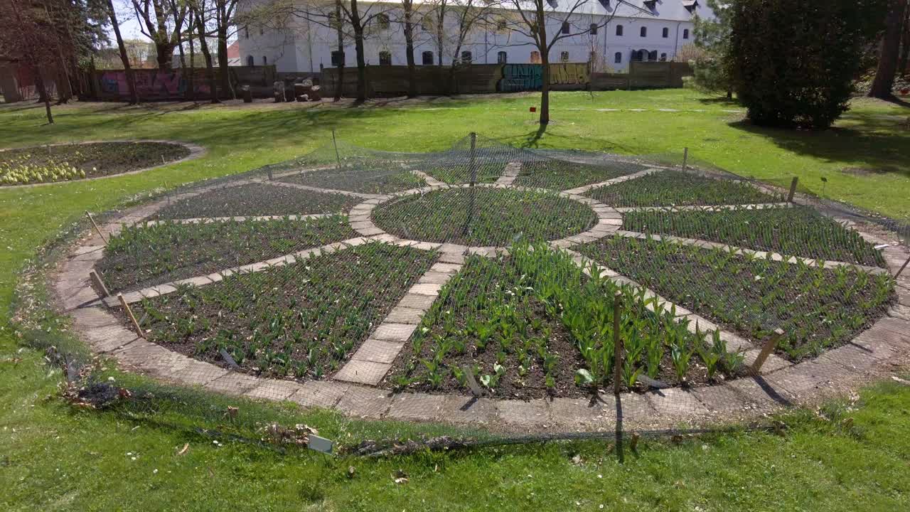 tomas en movimiento de una ciudad jardín olomouc, flora del jardín botánico donde se han plantado flores en un lugar y una gran casa blanca en la distancia