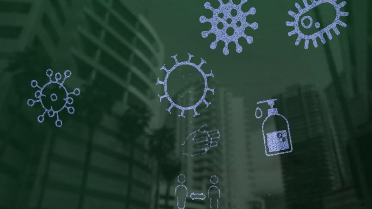 iconos del concepto de coronavirus contra edificios altos