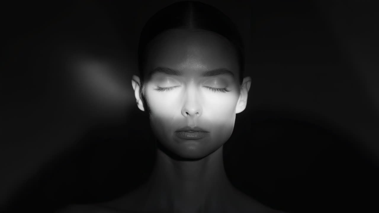 Serene Woman's Face Illuminated by Moving Light in Black and White