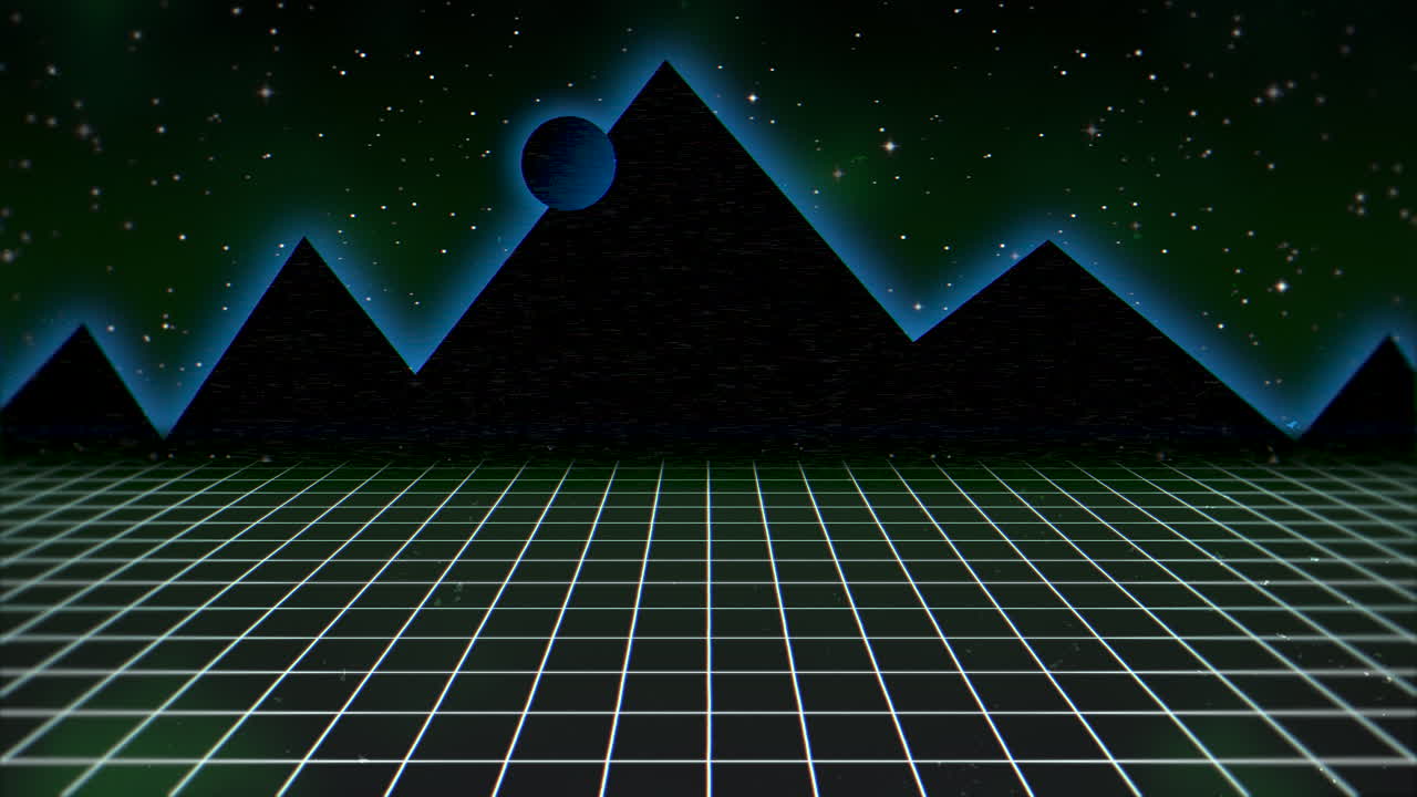 fondo abstracto retro de movimiento con cuadrícula verde y montaña