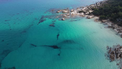 Aerial-view-along-the-famous-Kavourotripes-beach-in-Sithonia,-Chalkidiki,-Greece