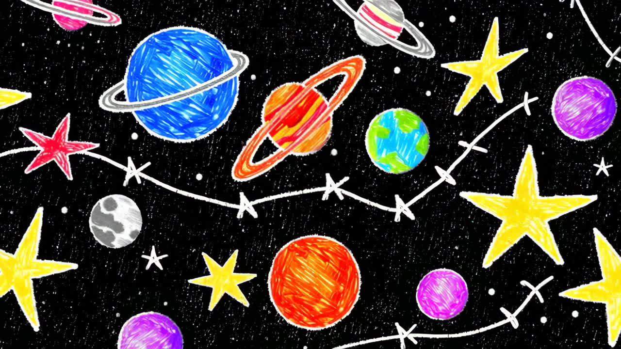 Colorful Crayon Drawing of Space with Planets and Stars