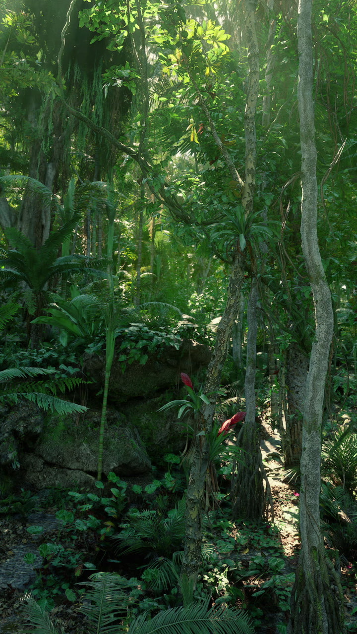 Secluded refuge where flowing roots merge among colorful flora