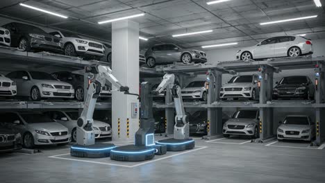 advanced automated car parking system utilizing robotic technology for efficient vehicle storage and retrieval in a modern environment