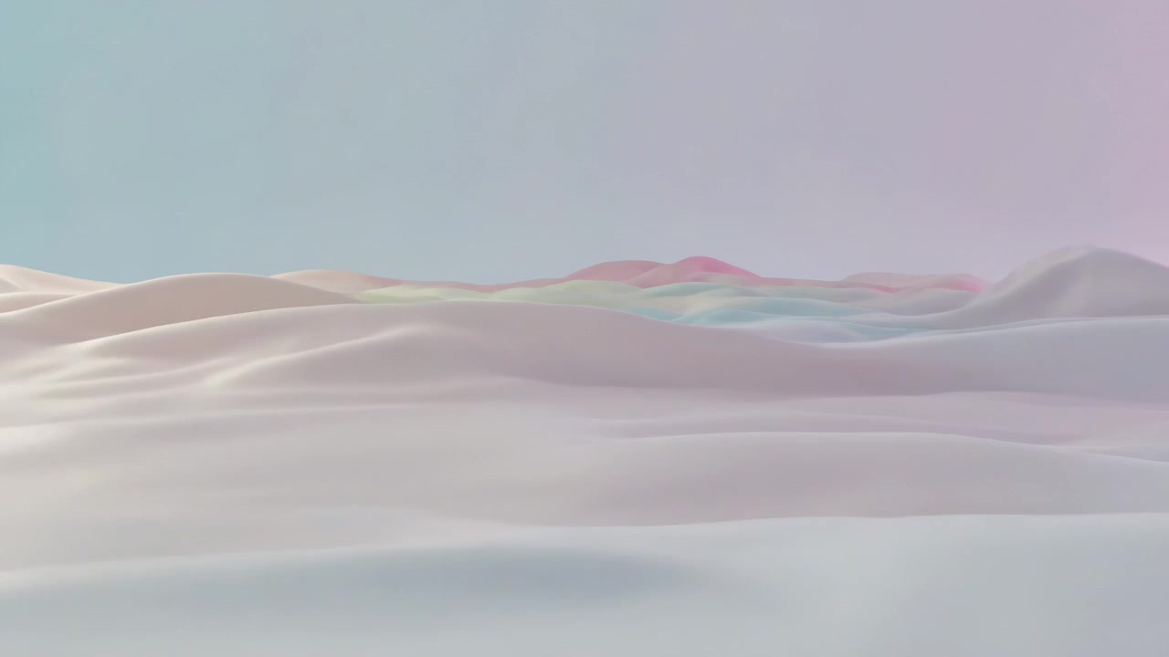 Panning camera revealing fabric pastel dunes in render, showing layered crests toward pink ridge
