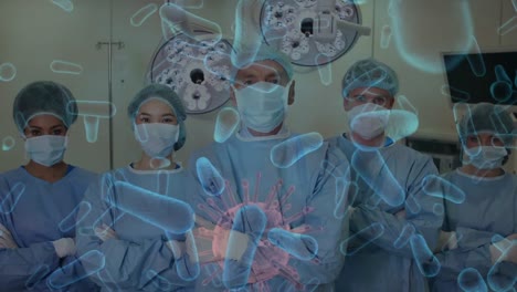 animación de células de virus flotando sobre los médicos que llevan máscaras faciales