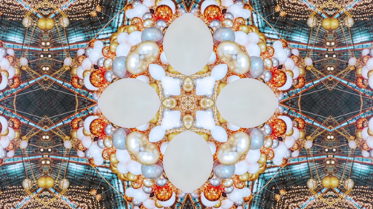 Bright light seamless 4k video kaleidoscopic stylized Christmas decorations.