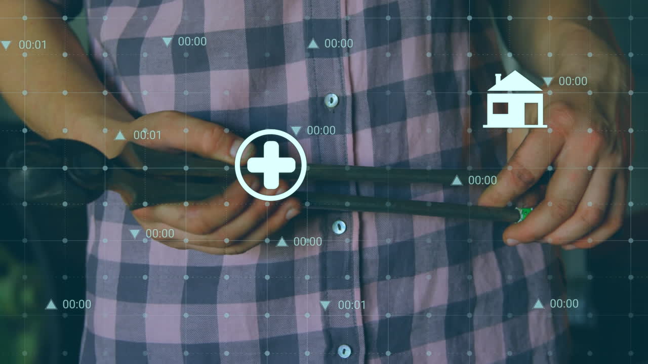 animación del procesamiento de datos financieros con iconos sobre un hombre caucásico con pinzas.