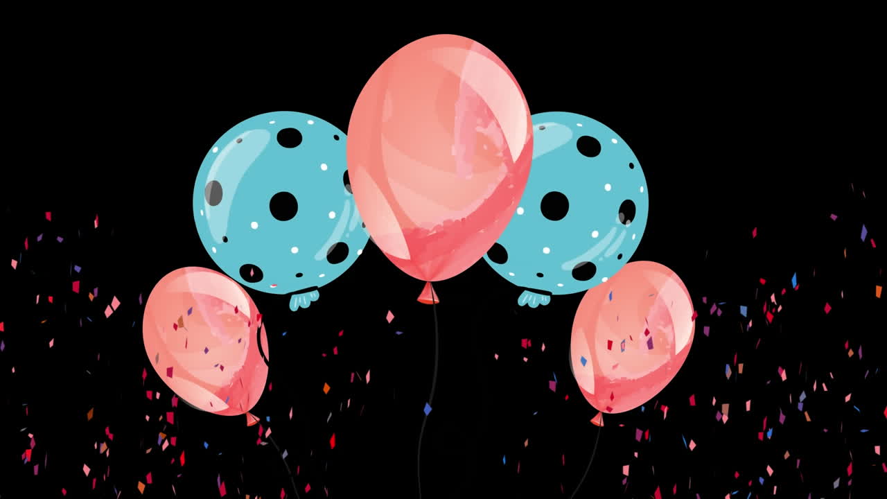 Animazione di palloncini colorati volanti e coriandoli che cadono su sfondo nero.