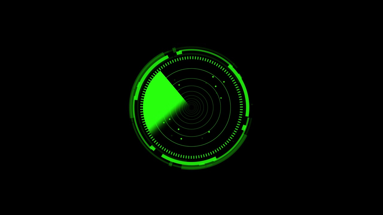 Neon green target scan interface with rotating radar beam circular rings glowing marks and deep