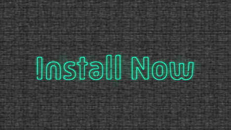 animation of blue neon text, install now, on grey textured background