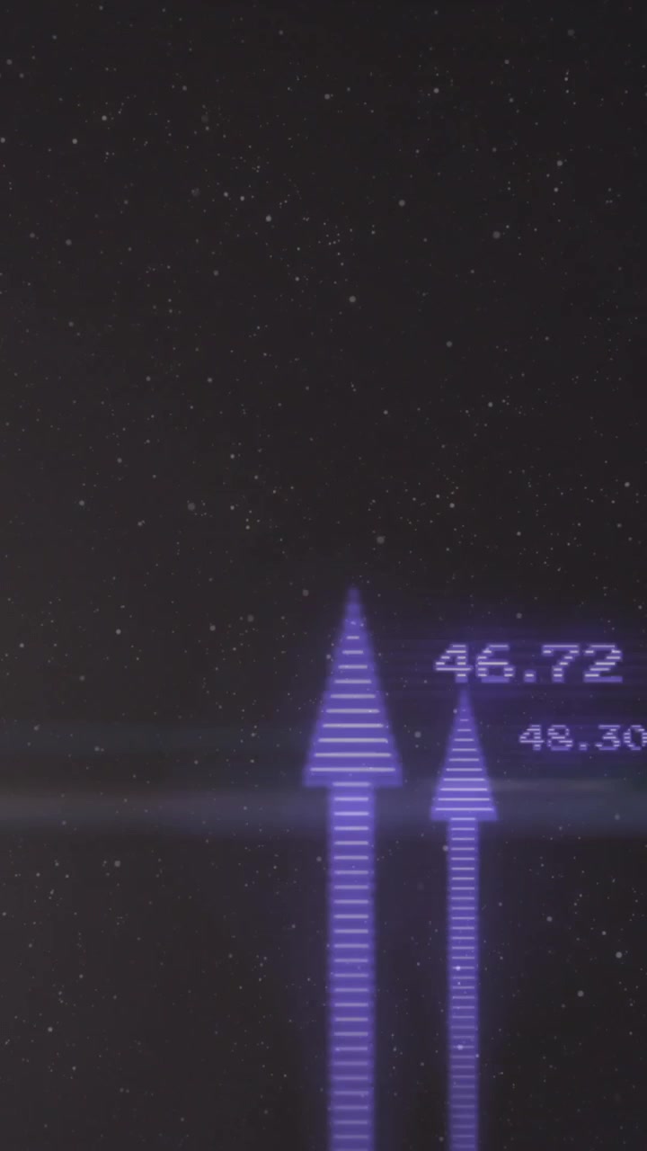 Animation of purple arrows and numbers rising over starry night sky background