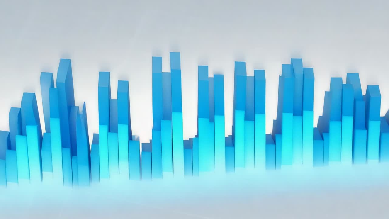 Starting dynamic 3D bar graph pulsing crest shifting right in digital space, with glowing base