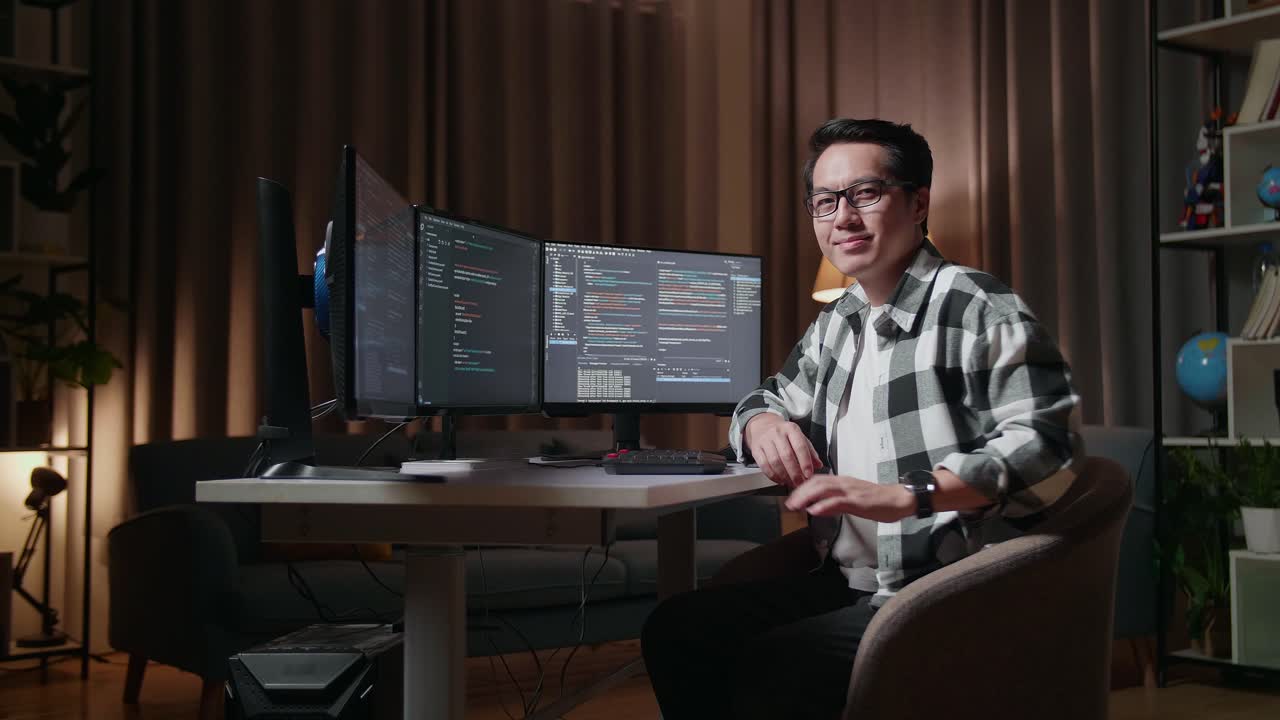 programador feliz en casa por la noche