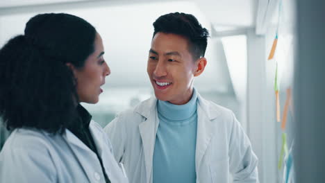 Scientist-man,-woman-and-high-five-in-lab