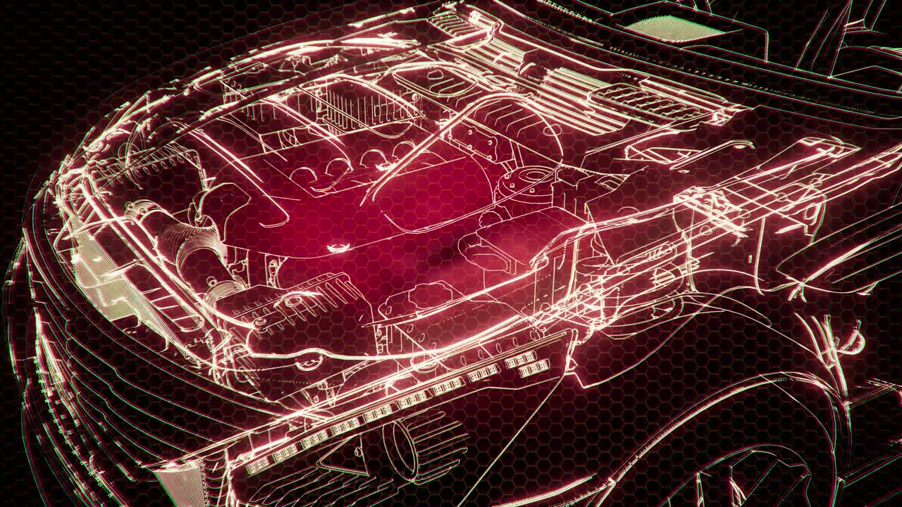 Holographic animation of 3D wireframe car model with engine