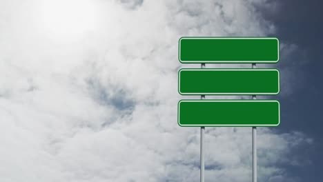 Animation-of-on-green-road-sign-with-the-sky-in-the-background