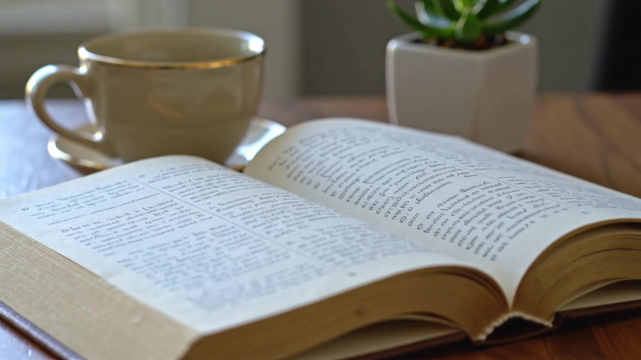 La telecamera stringe la messa a fuoco, un libro tascabile aperto diventa più nitido su un tavolo di legno, con una tazza e una succulenta.