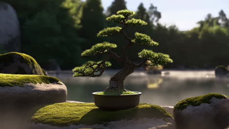 bonsai tree in a serene garden with mossy rocks and pond