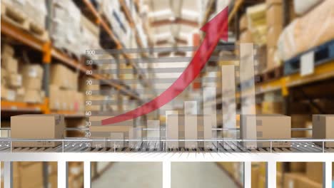 animation of statistical data processing and delivery boxes on conveyer belt against warehouse