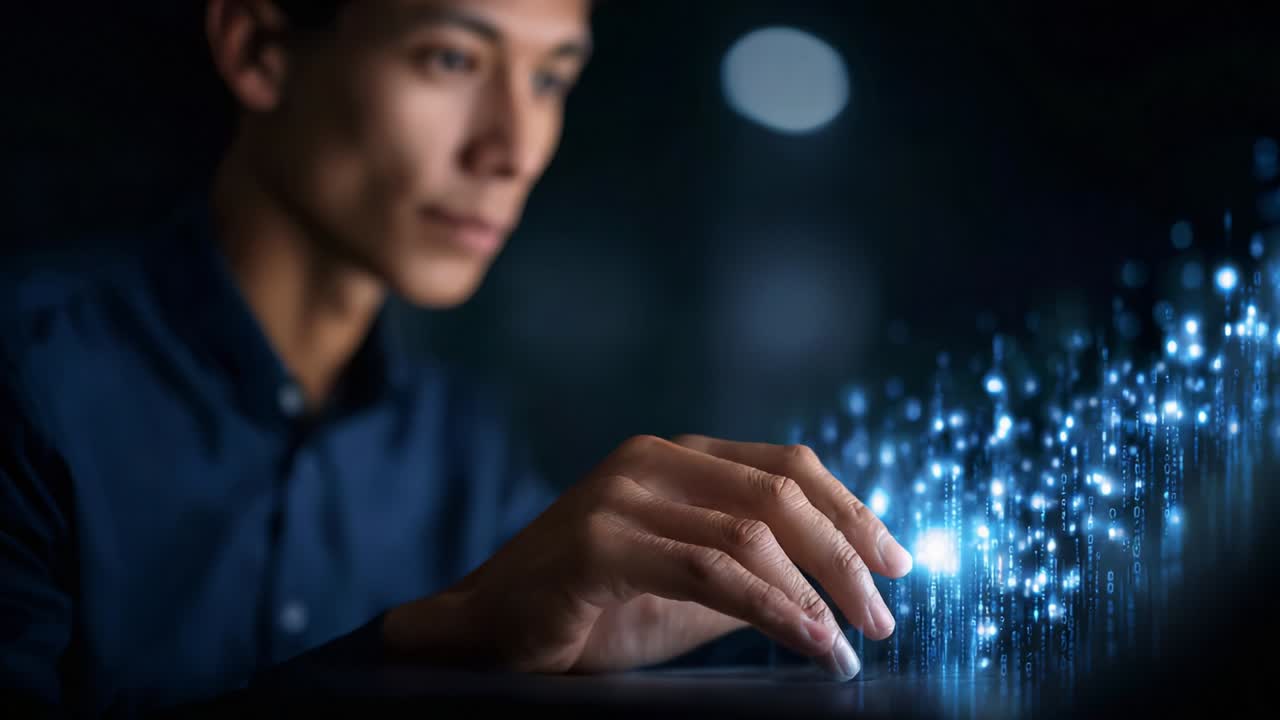 A focused individual interacts with a digital interface, bridging the gap between technology and human creativity, showcasing the innovative potential of modern computing in a captivating visual experience