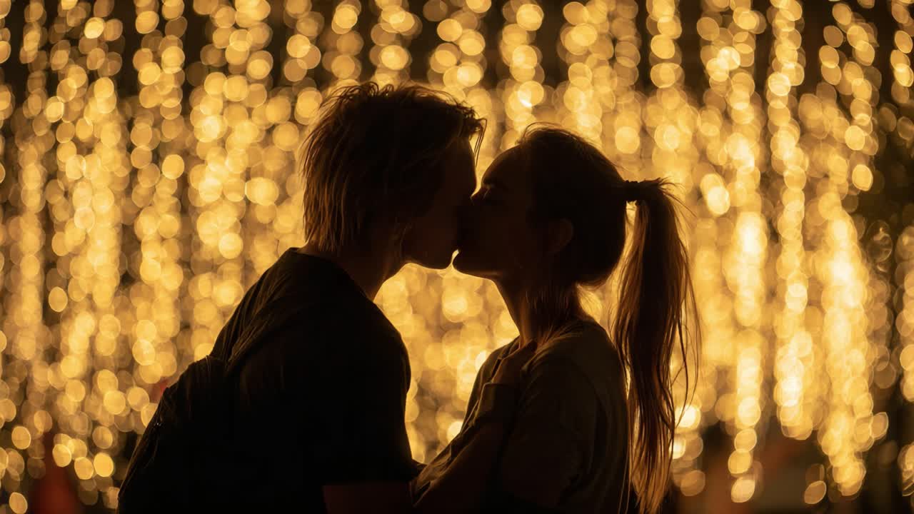 A Tender Moment Captured: A Couple Embracing Under a Dazzling Golden Light Display, Sharing a Kiss That Embodies Love and Connection in a Magical Setting