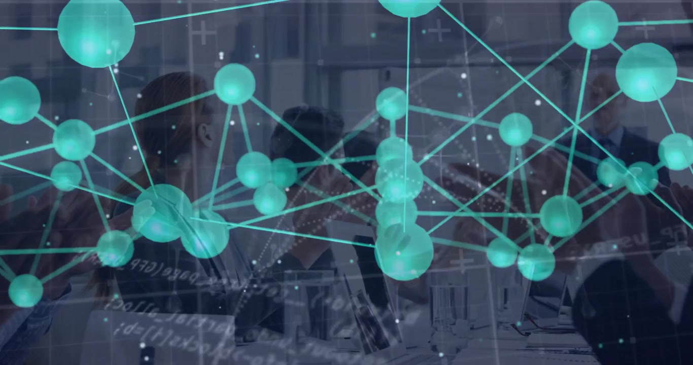 In office, diverse business people with animation of network connections and data processing