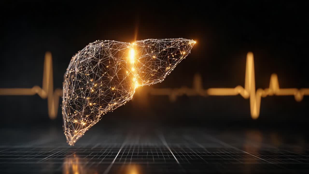 A Glowing Digital Representation of a Liver, Merging Art and Science with Pulses of Light Symbolizing Vital Health Metrics and Organ Functionality