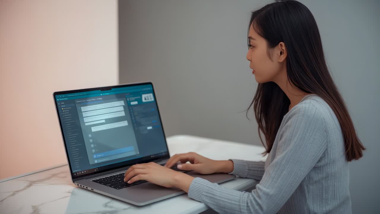 Opening portal woman typing, scrolling through course templates on laptop at home desk, copy space