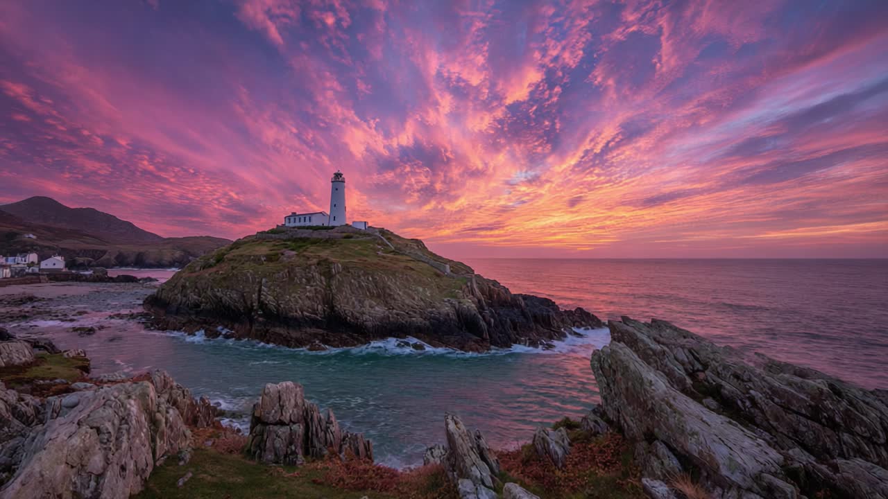 Impresionante puesta de sol sobre un faro: colores vibrantes y tranquilas olas oceánicas iluminan el majestuoso paisaje y el entorno costero