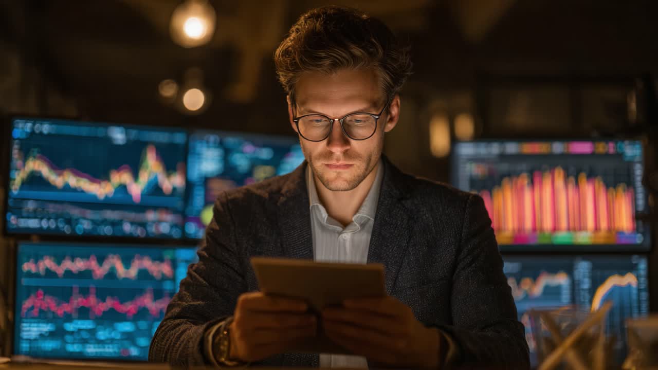 Focused Financial Analyst Reviewing Data Insights on Tablet While Surrounded by Dynamic Stock Market Analytics in Modern Office Environment