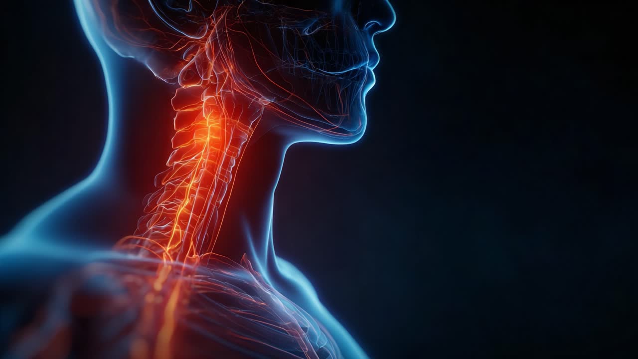 Visualizzazione dettagliata della colonna vertebrale cervicale umana e dell'anatomia del collo che evidenzia nervi e strutture vascolari in una rappresentazione artistica dinamica