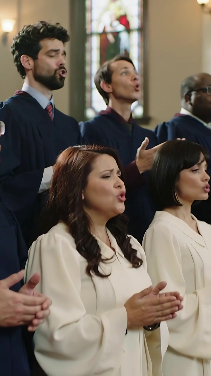 Video verticale: Coro che inizia a cantare un inno, applaudendo per il culto in una cappella, con tonache e vetrate colorate.