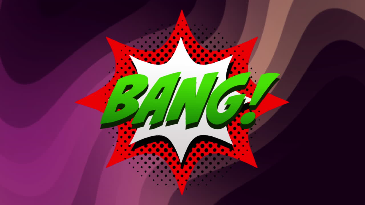 animación de texto de bang en burbuja de habla retro y fondo con patrones.