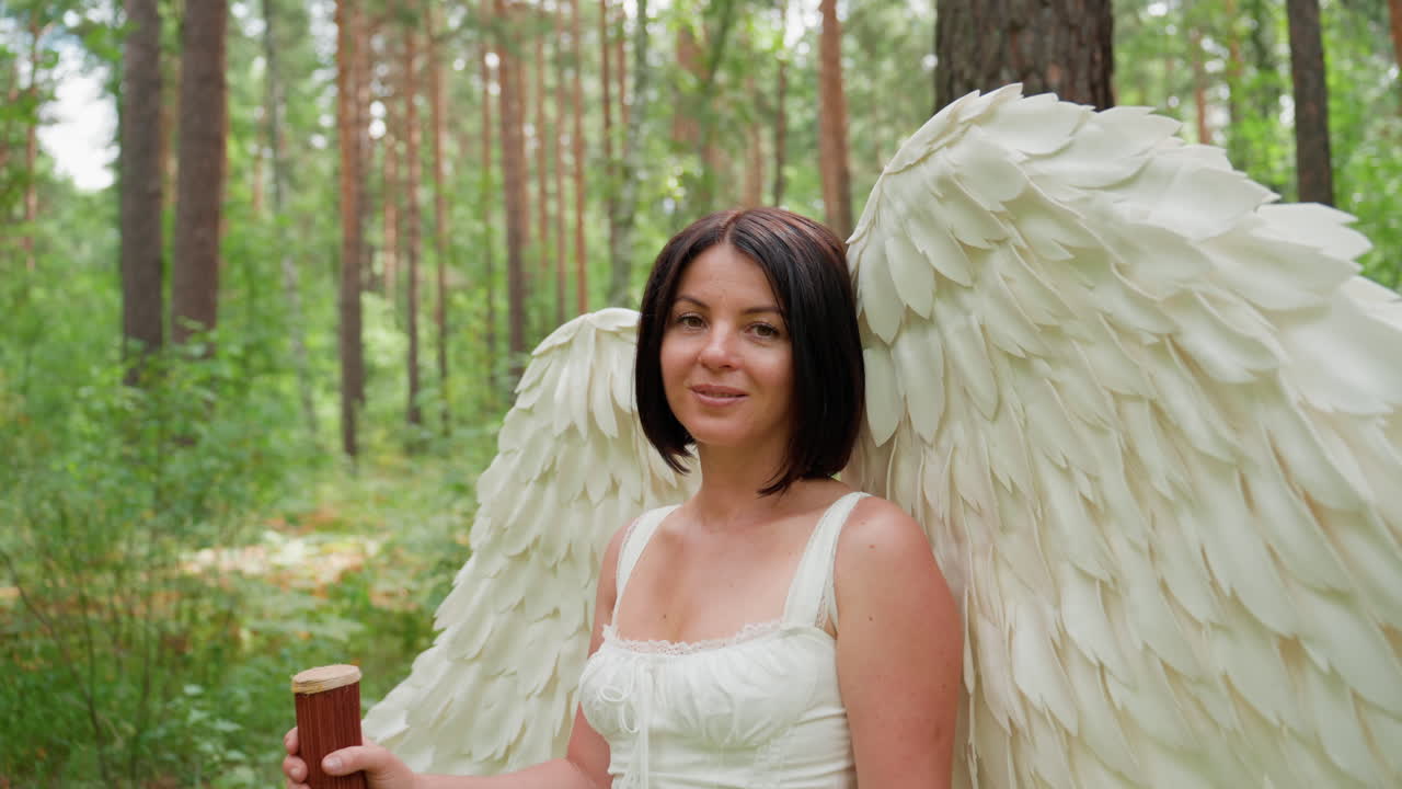 Psyche lady dressed like angel with white feather wings and wooden staff standing among tall forest trees turning slowly like one lost in thought surrounded by peaceful green nature and soft sunlight