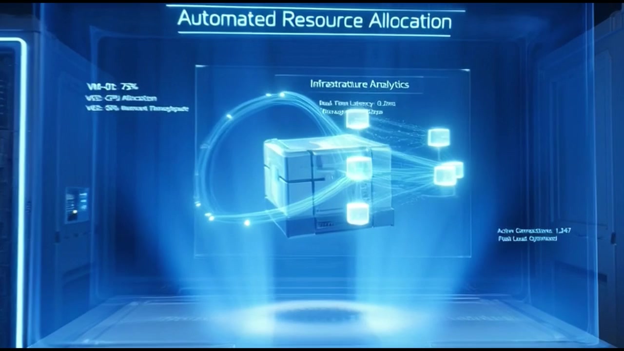 Digital Data Center Server Room with Automated Resource Allocation Hologram
