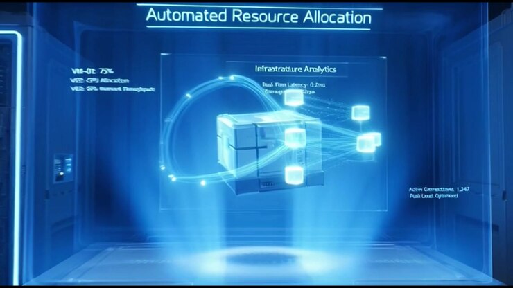 Digital Data Center Server Room with Automated Resource Allocation Hologram