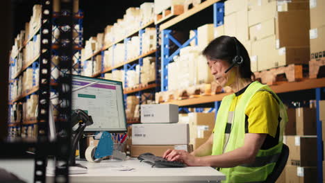 vertical video call center male worker answer help line calls in a logistics warehouse